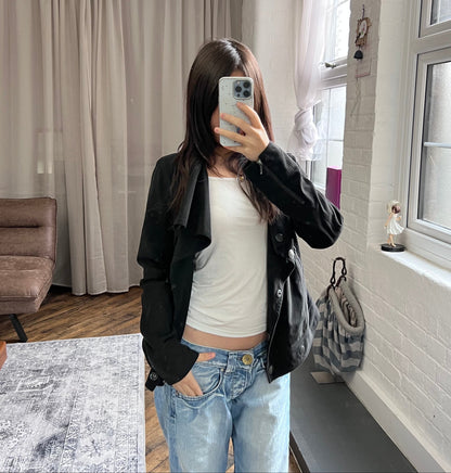 cop copine asymmetric black ruched button corpcore utility draped collar jacket