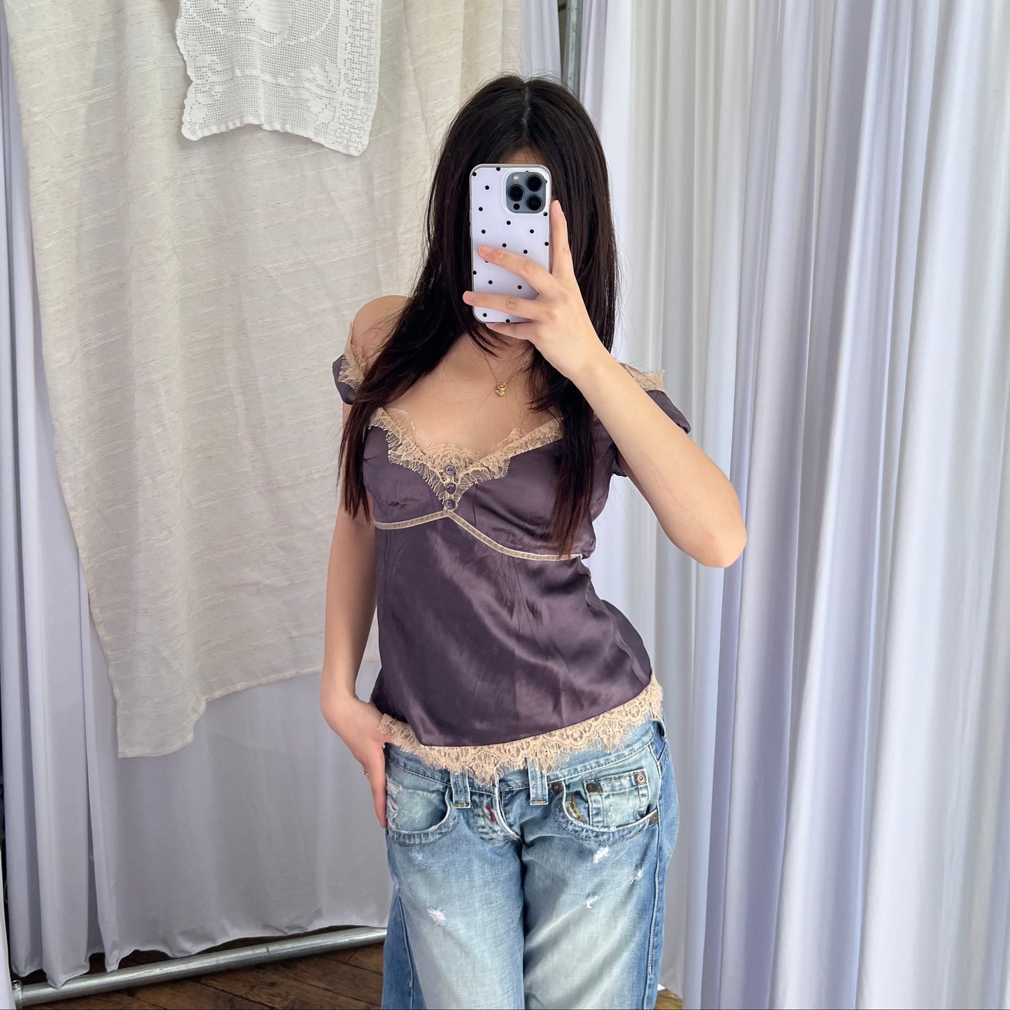 Liu Jo Romantic Purple Silk Beige Lace Trim Blouson