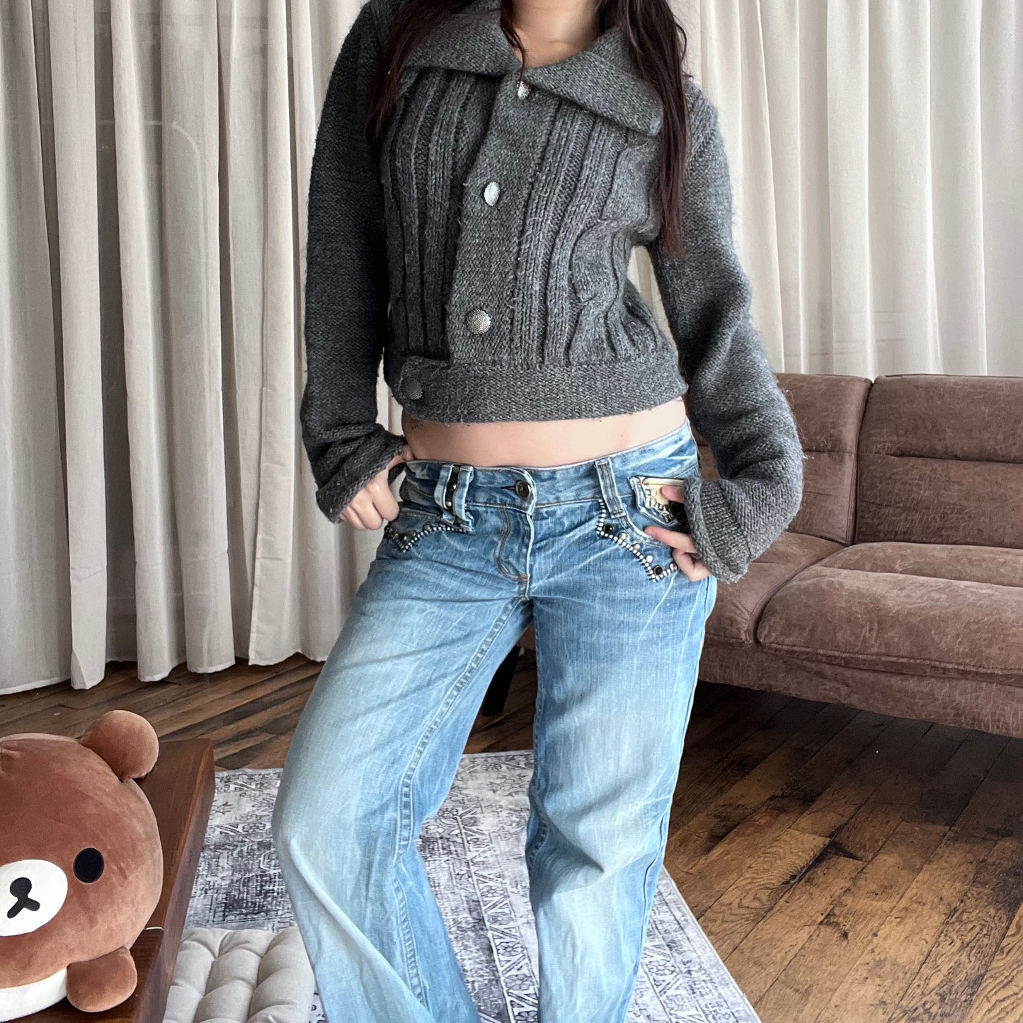 Vintage Nathalie Chaize Grey Wool Blend Cable Knit Cardigan Jacket