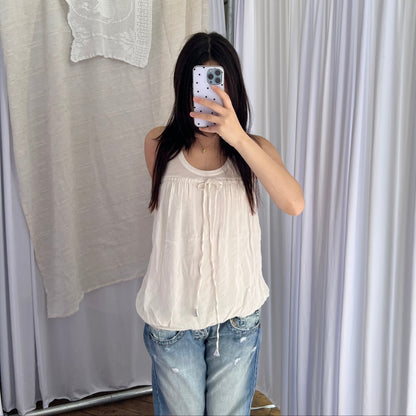 Miss Sixty White Ribbed Puff Hem Mixed Material Blouson Vest Top