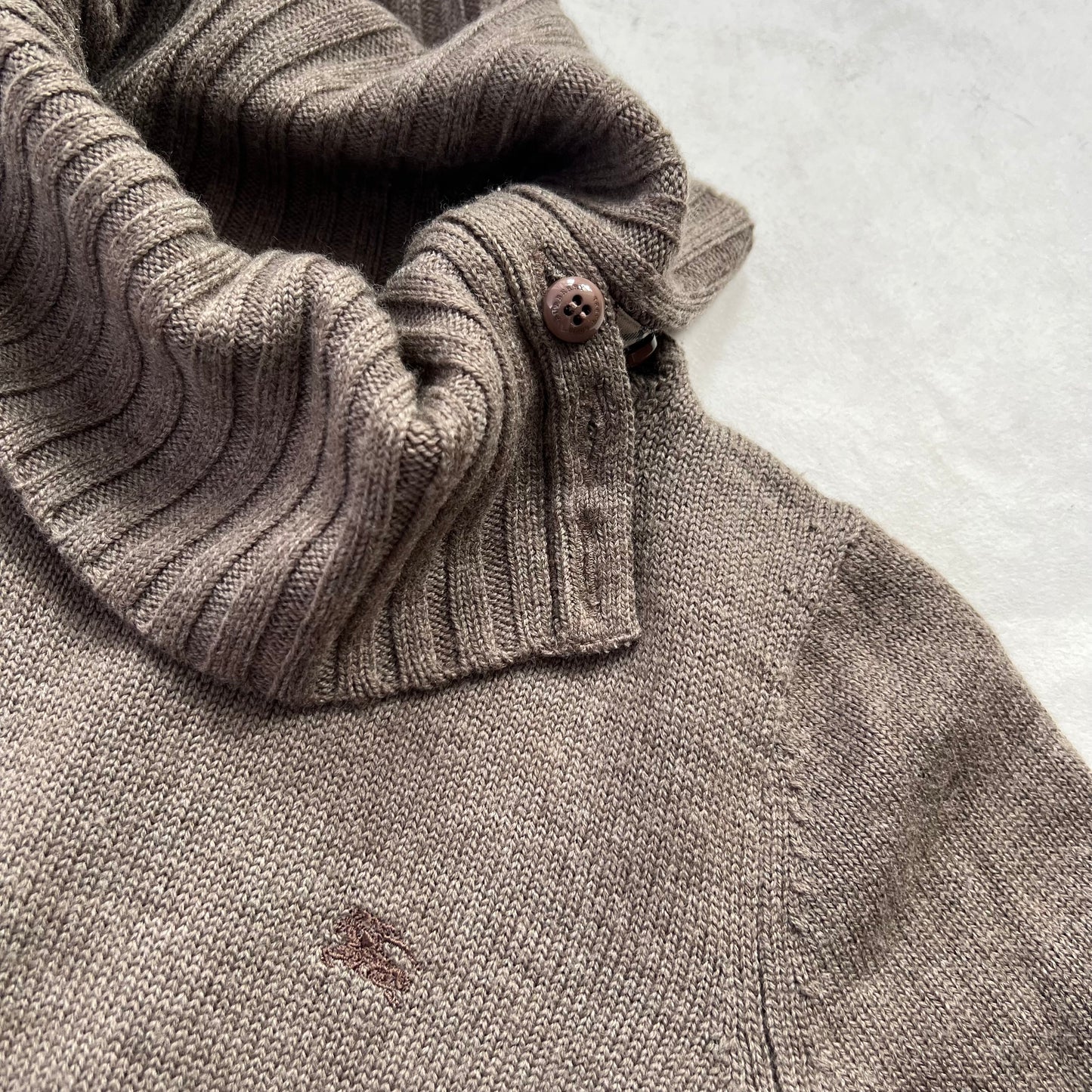 Burberry Blue Label Brown Button Accent Ribbed Turtle Neck Knit Wool Sweater
