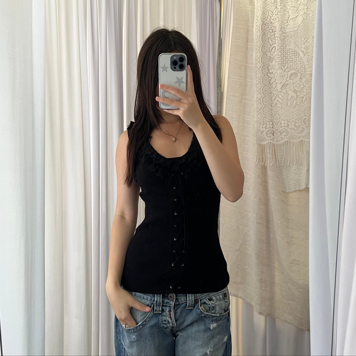 Morgan De Toi Black Tulle Ruffle Lace Up Knit Vest