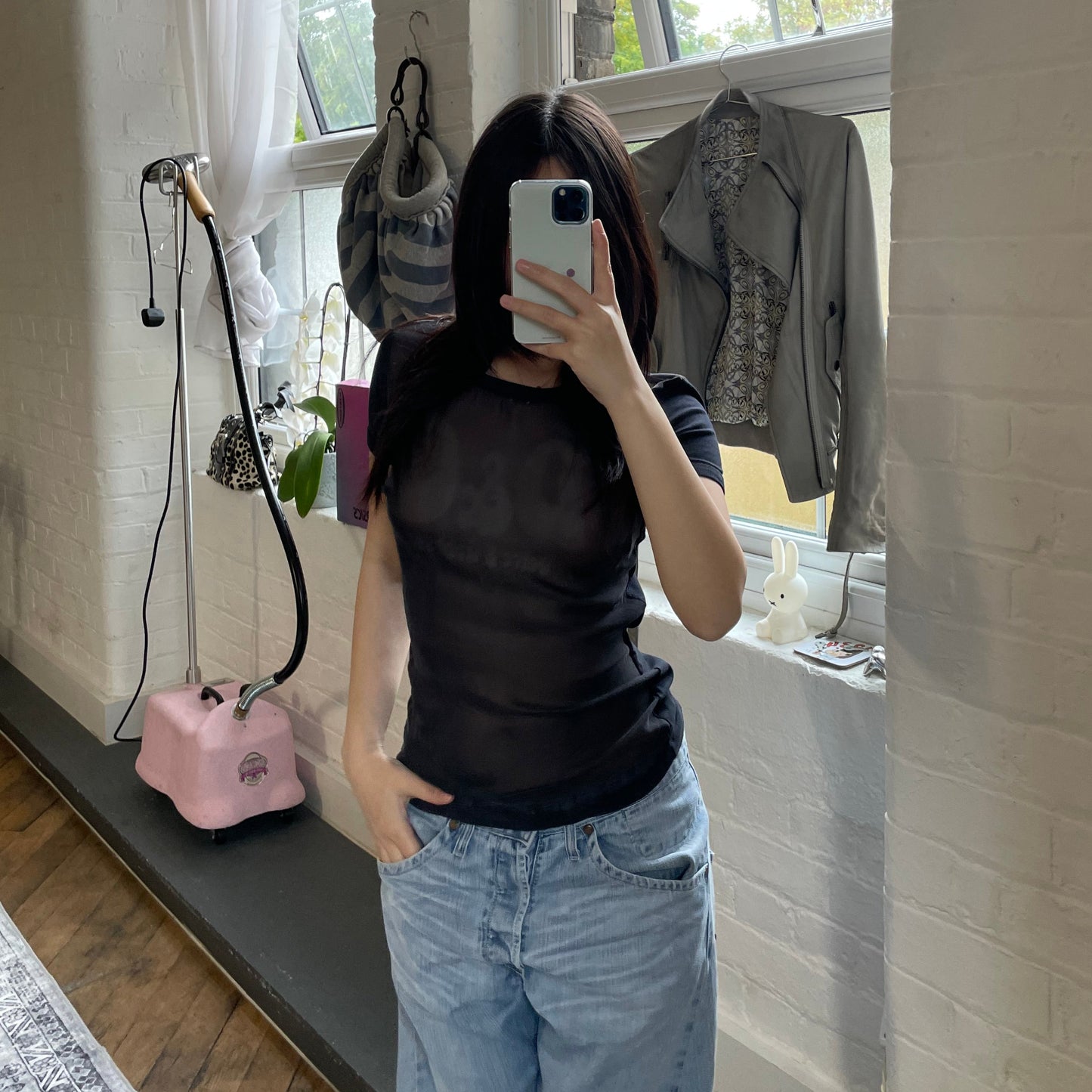 black dolce & gabbana (d&g) fitted sheer mesh front graphic shirt