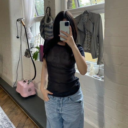 black dolce & gabbana (d&g) fitted sheer mesh front graphic shirt