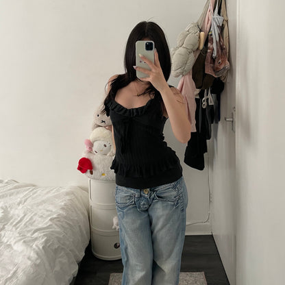 romantic balletcore red valentino knit ruffle hem ribbon knit camisole
