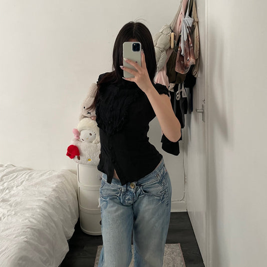 dark academia black gotha silk ruffle high collar puff sleeve blouse