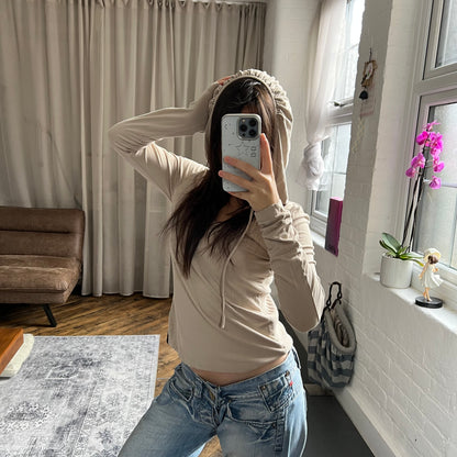 cop copine utility beige mix knit long sleeve hooded long sleeve top