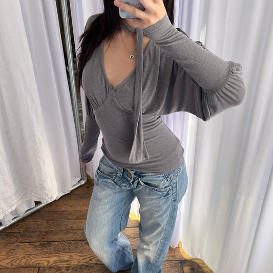 Morgan Grey V Neck Built in Scarf V Neck Long Sleeve Blouson Top