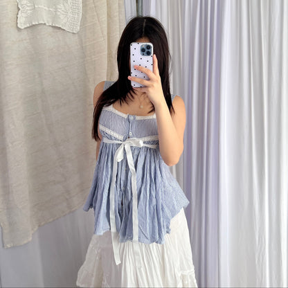 Blue Striped Souvenir Lace Embroidery Babydoll Blouson Top