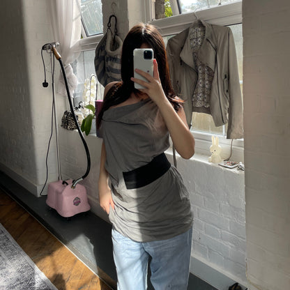 Miss Sixty 银卡其灰垂褶宽松束腰背心，松紧腰长款束腰上衣