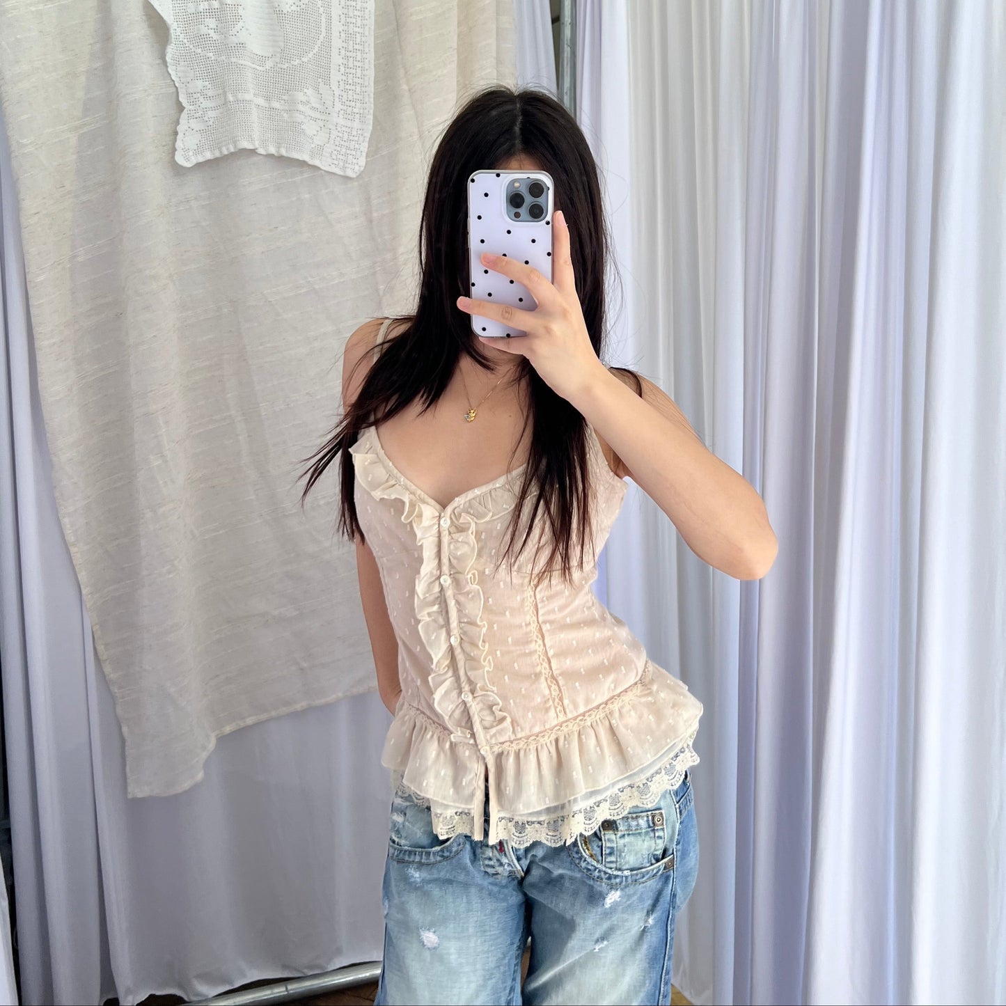 Morgan De Toi Beige Ruffle Lace Button Accent Camisole