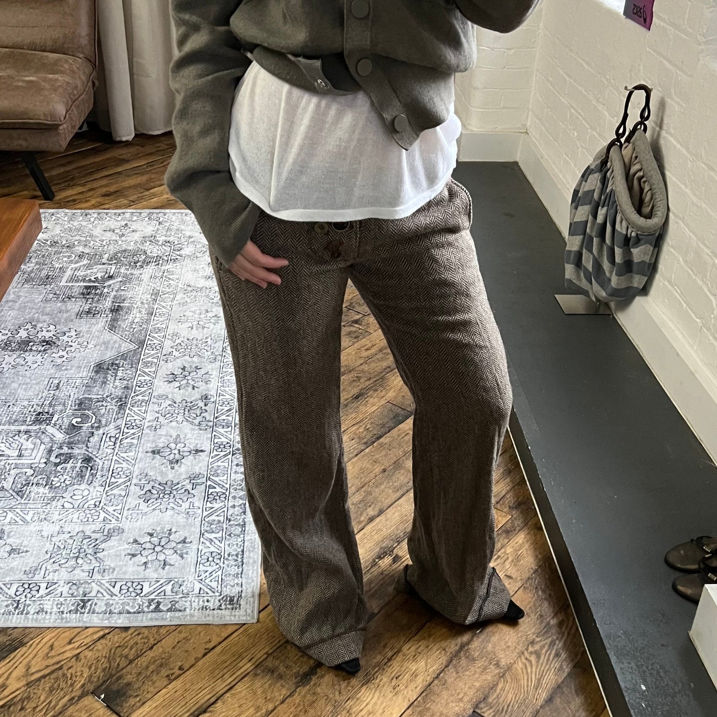 rare miss sixty beige brown mixed button herringbone low rise wide leg trousers