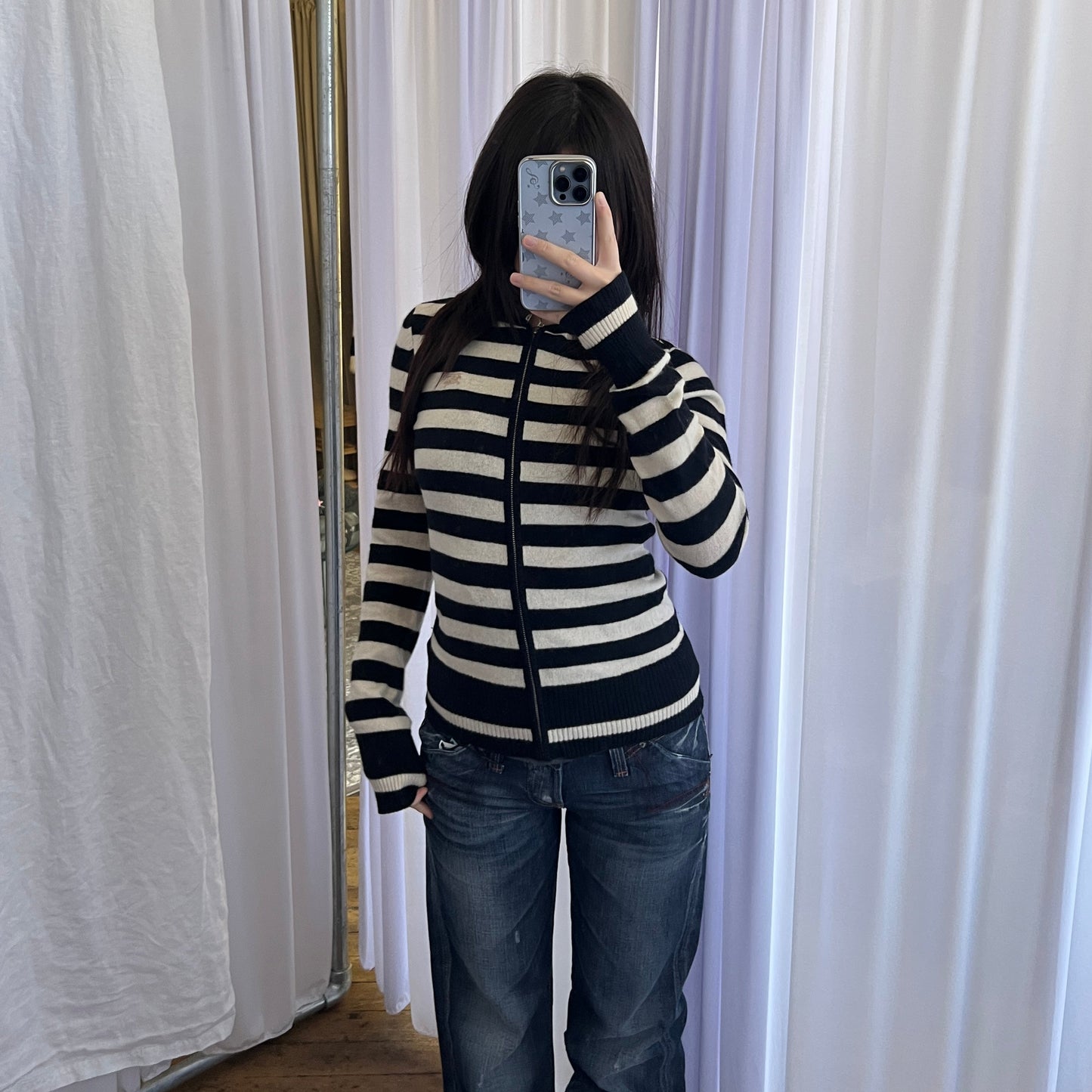 Burberry Label Black White Striped Wool Long Sleeve Fitted Zip Hoodie Cardigan Jacket