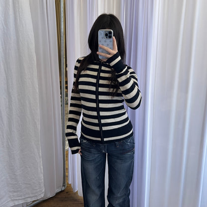 Burberry Label Black White Striped Wool Long Sleeve Fitted Zip Hoodie Cardigan Jacket