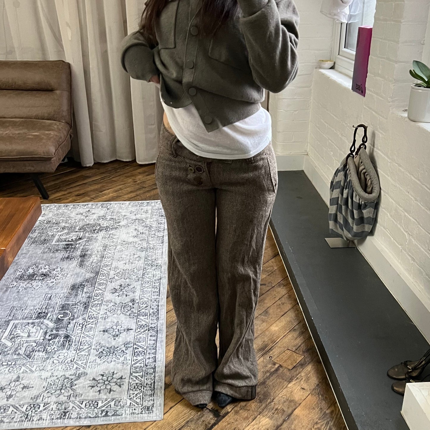 rare miss sixty beige brown mixed button herringbone low rise wide leg trousers