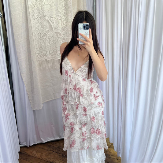 King Kong Ivory Pink Floral Eurosummer Prairie Silk Tiered Ruffle Midi Dress