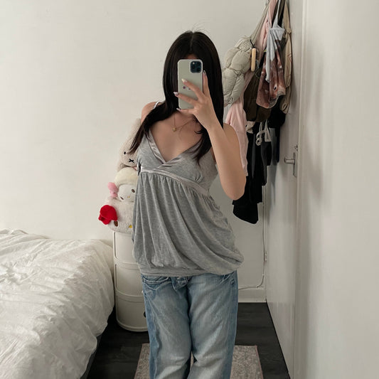 motivi grey puffy balloon hem babydoll satin trim and bow detail camisole