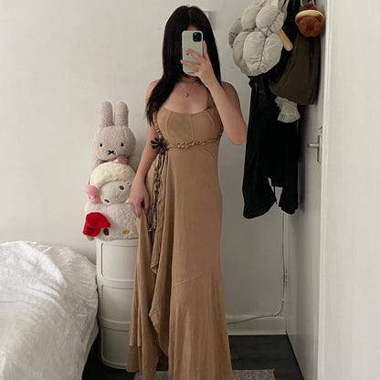 bouche a bouche faux suede brown eurosummer boho wooden flower maxi dress