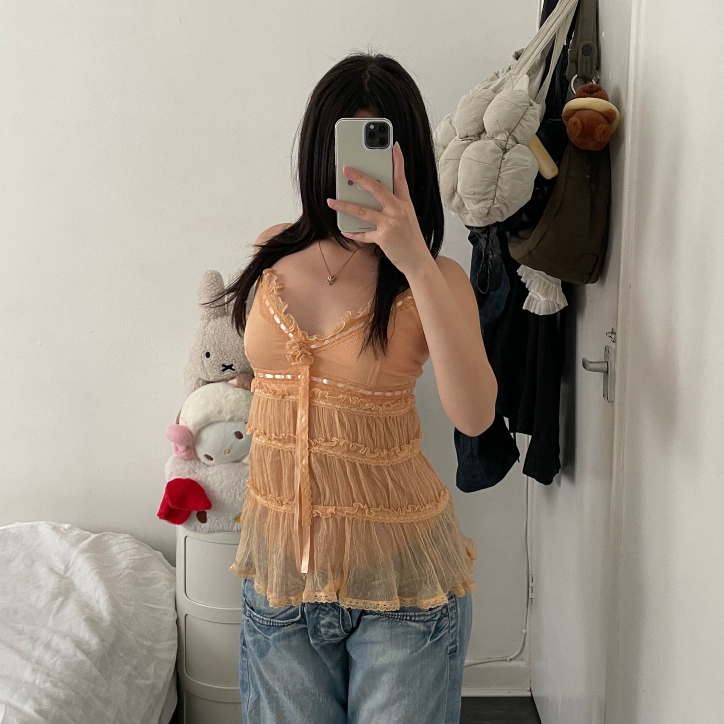 apricot orange fairycore favori ruched tulle babydoll lacey satin ribbon camisole