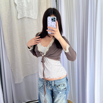 Rosapois Brown Ribbed Knit Lace Trim Crop Bolero Cardigan Top