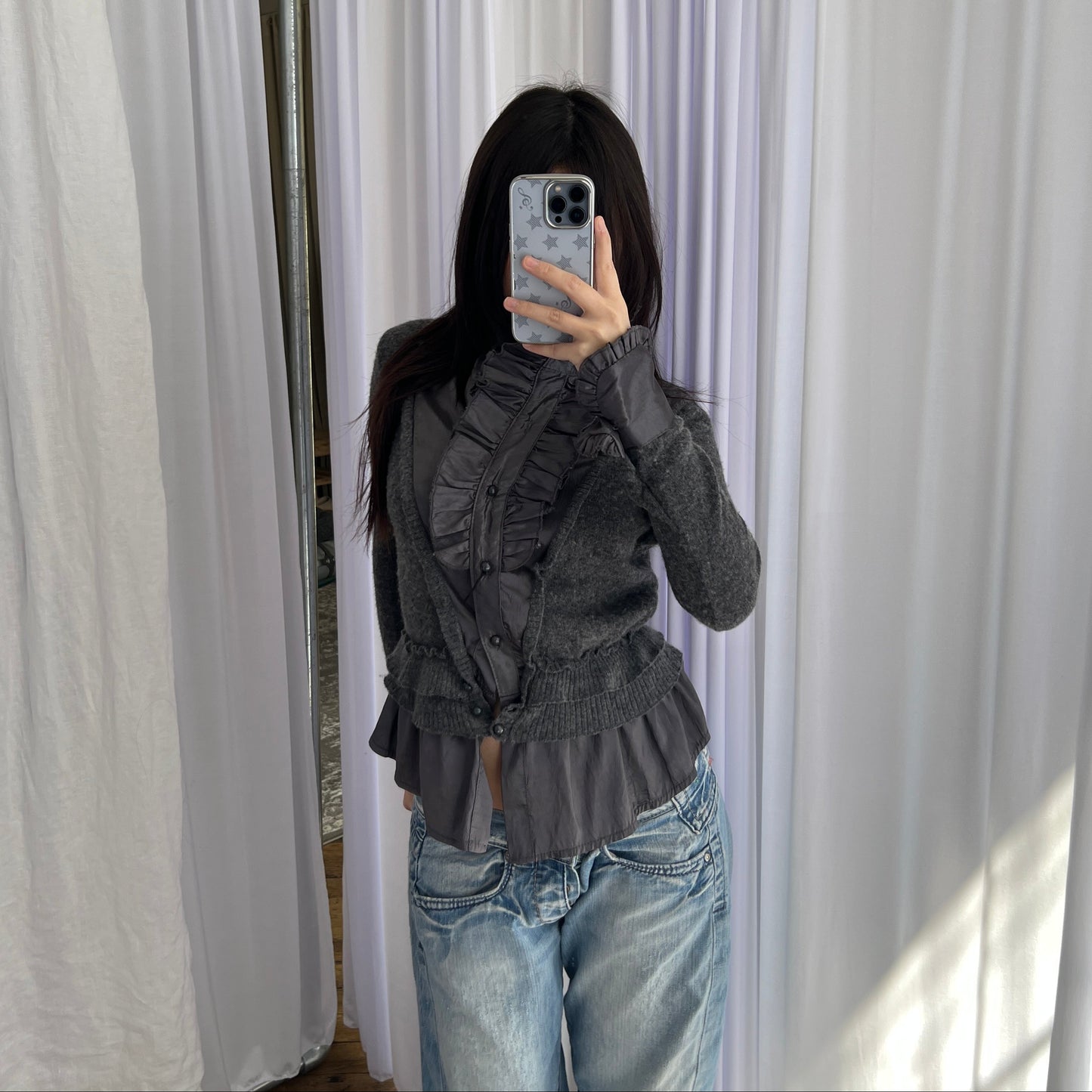 Fantasie Purple Grey Wool Blend High Neck Ruffle Collar Satin Blouse Knit Cardigan Two in One Top