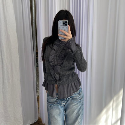 Fantasie Purple Grey Wool Blend High Neck Ruffle Collar Satin Blouse Knit Cardigan Two in One Top