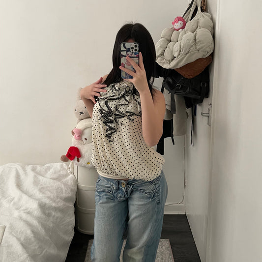 axes femmes cream polka dot ruffle collar blouson vest top
