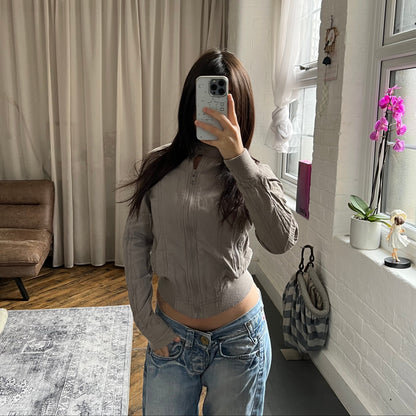 utility clockhouse greige high neck button long sleeve bomber blouson jacket