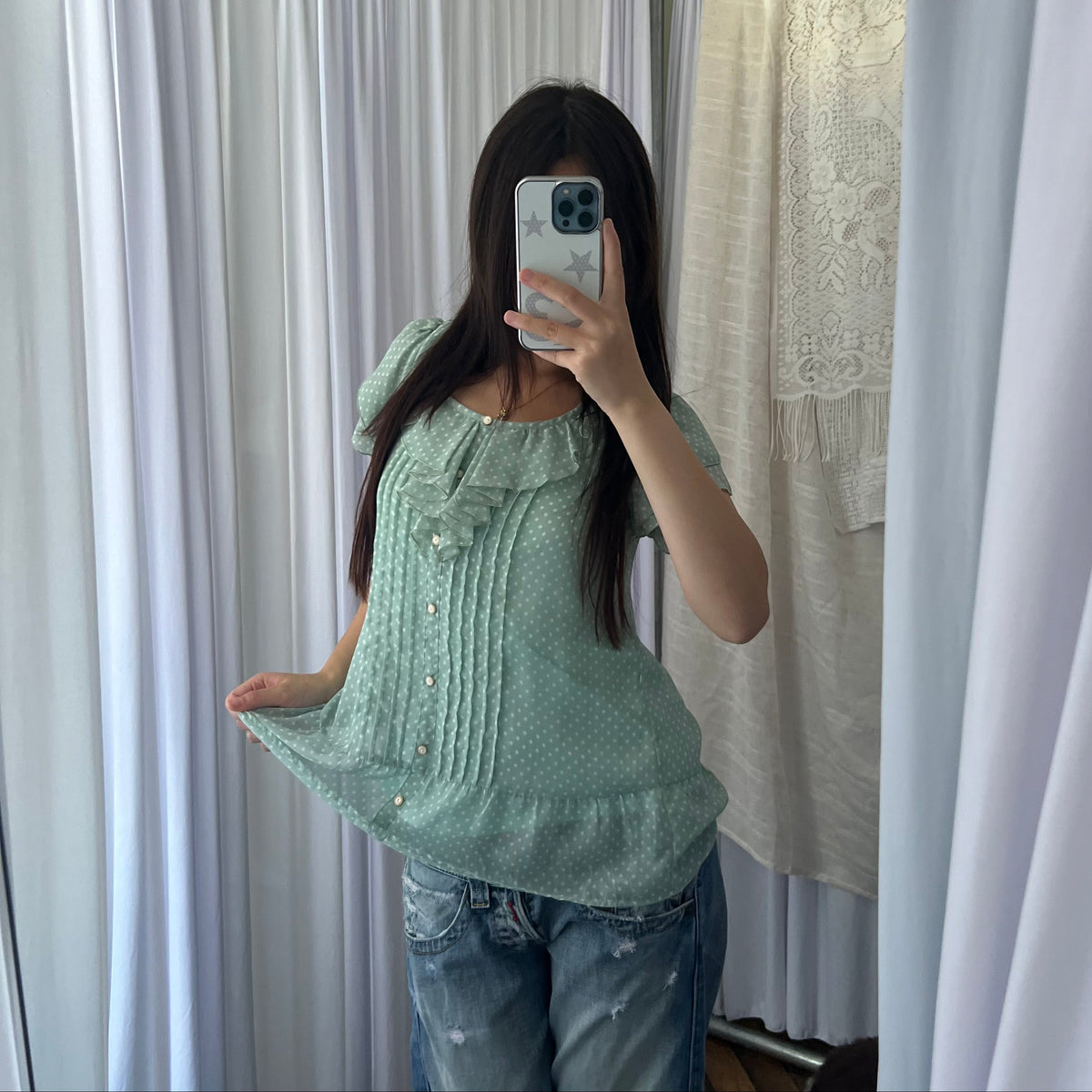 Prideglide Mint Green Ruffle Collar Pleated Polka Dot Blouson Top