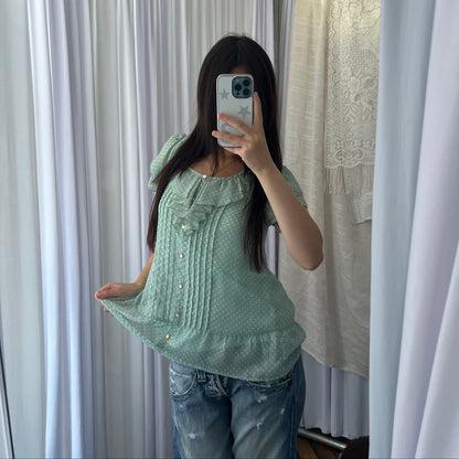 Prideglide Mint Green Ruffle Collar Pleated Polka Dot Blouson Top