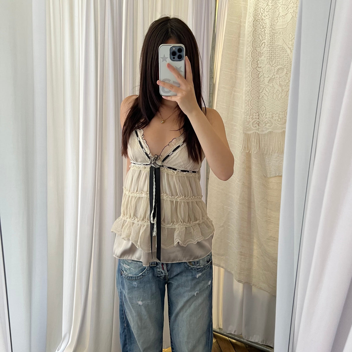 Lm Lulu Fairy Silk Beige Lace Ruffle Tiered Babydoll Camisole