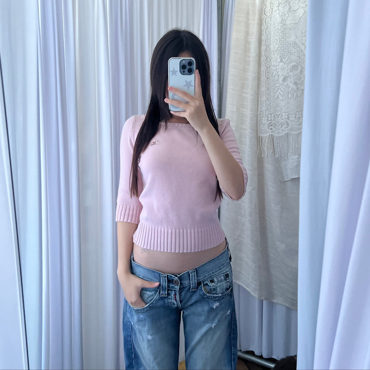 Burberry Baby Pink Ribbed Neck Half Sleeve Cotton Knit Sweater