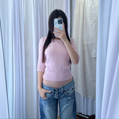 Burberry Baby Pink Ribbed Neck Half Sleeve Cotton Knit Sweater