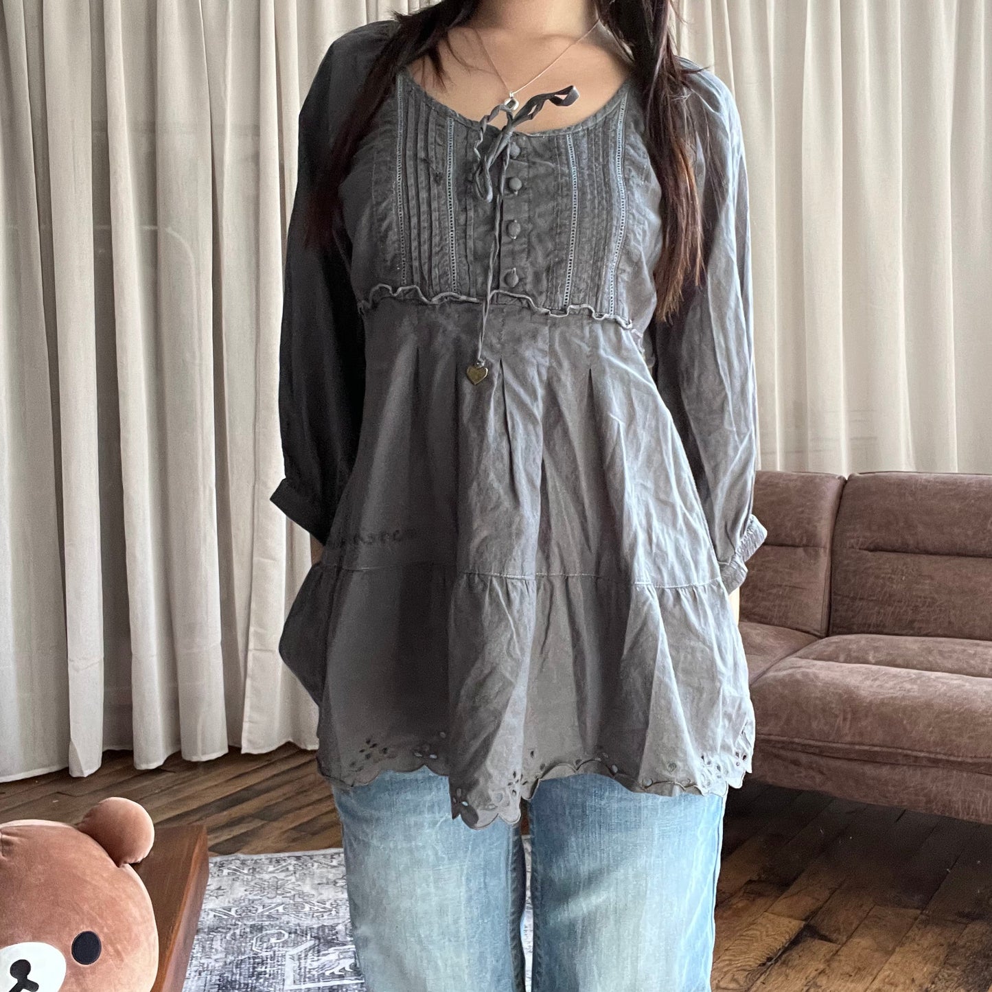 Purple Grey La Mode Est A Vous 3/4 Puff Sleeve Babydoll Tunic Blouse