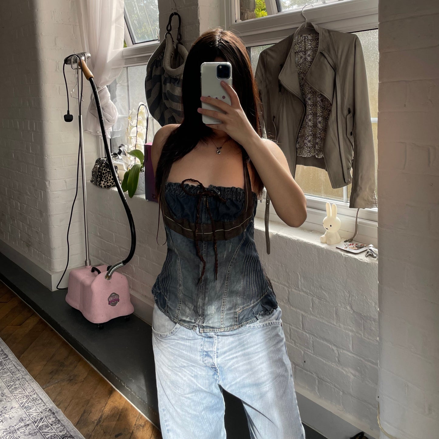 mariagrazia panizzi 西部波西米亚风蓝色牛仔布棕色蕾丝褶皱紧身胸衣紧身胸衣