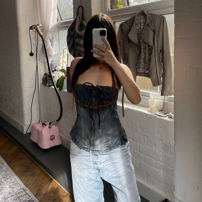 mariagrazia panizzi 西部波西米亚风蓝色牛仔布棕色蕾丝褶皱紧身胸衣紧身胸衣