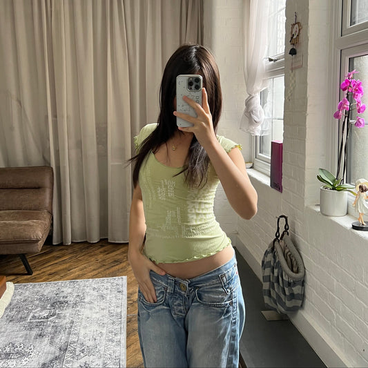 light spring green marithe francois girbaud text graphic fitted short sleeve top