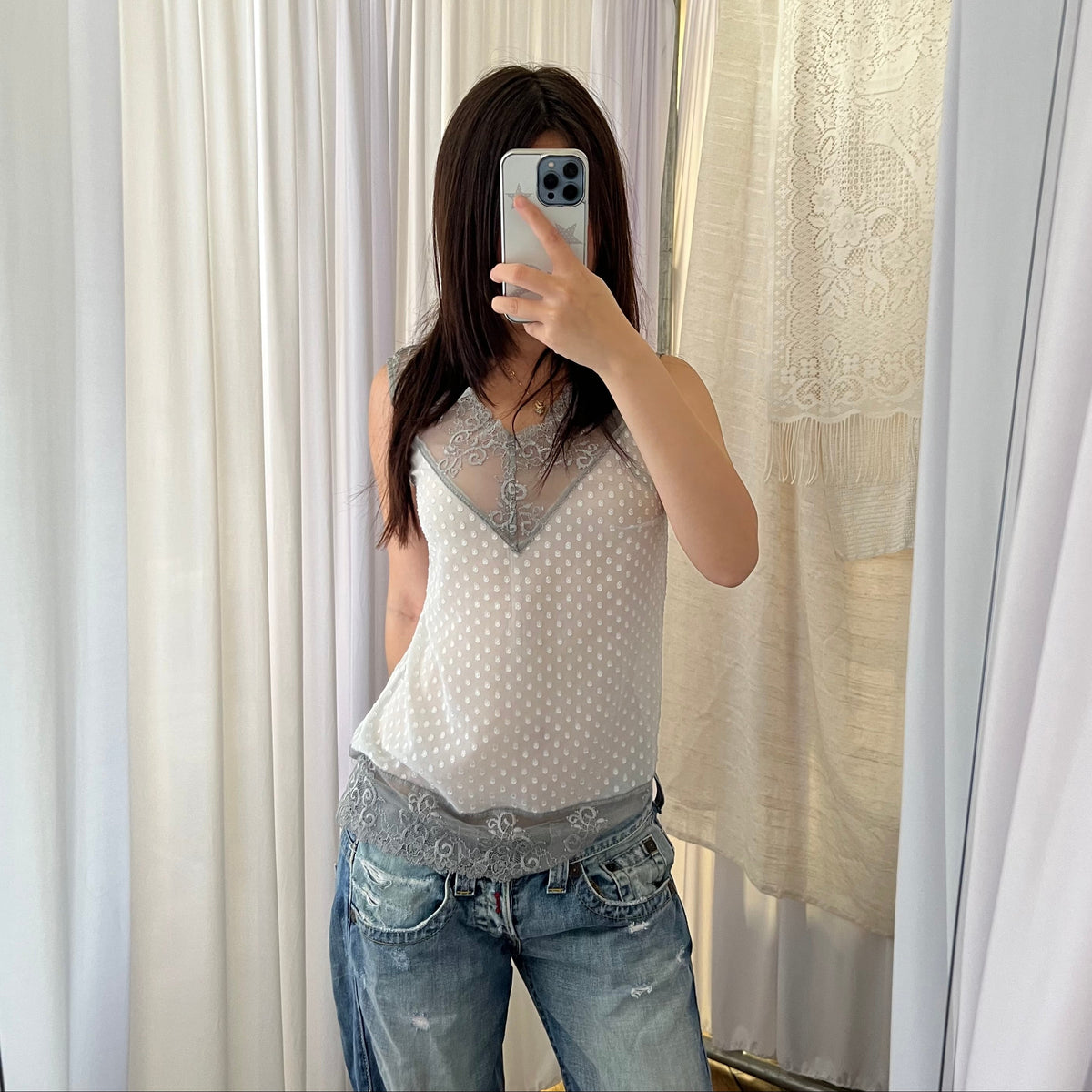 Sisley Light Blue Embossed Polka Dot Grey Lace Trim V Neck Blouse