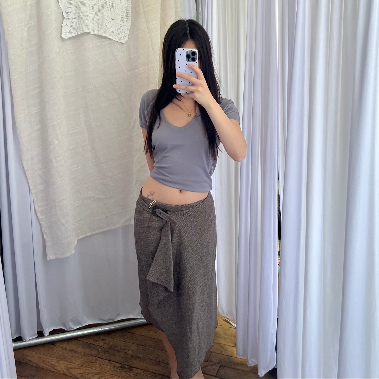 Brown Herringbone Tweed Wool Blend Wrap Style Ornate Buckle Midi Skirt