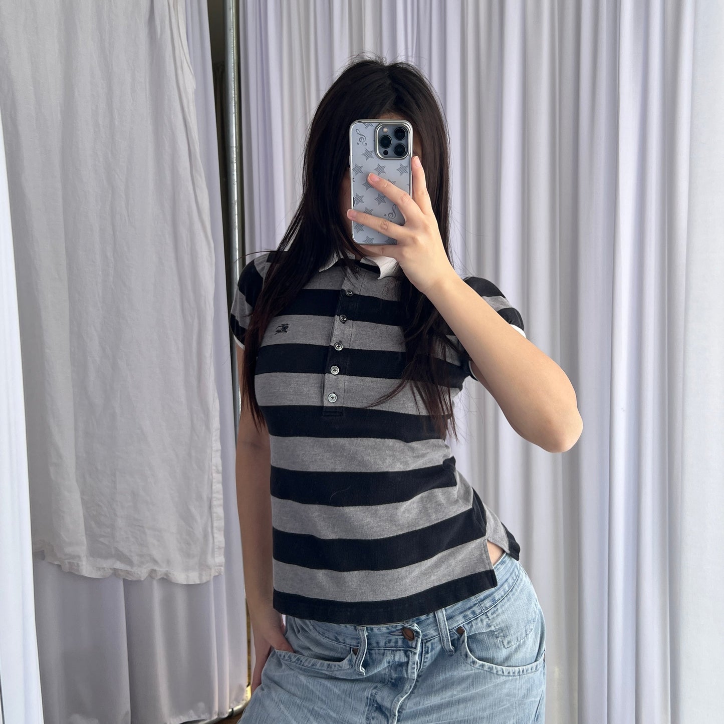 Burberry Blue Label Preppy Black Grey Striped Puff Sleeve Collared Polo Shirt