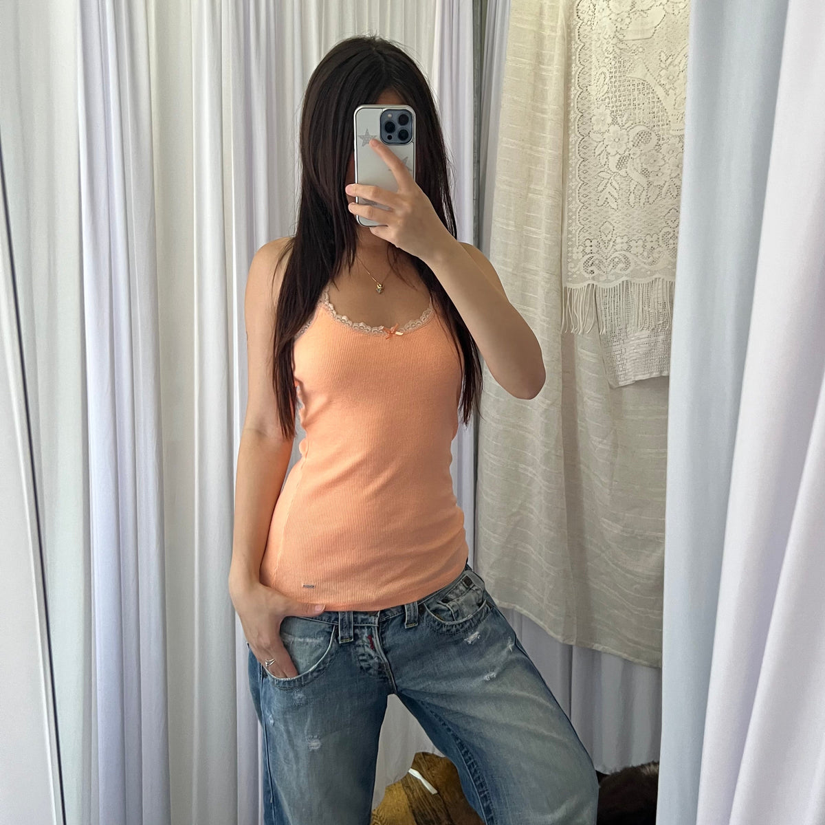 Pepe Jeans Peach Orange Lace Racer Back Tank Top