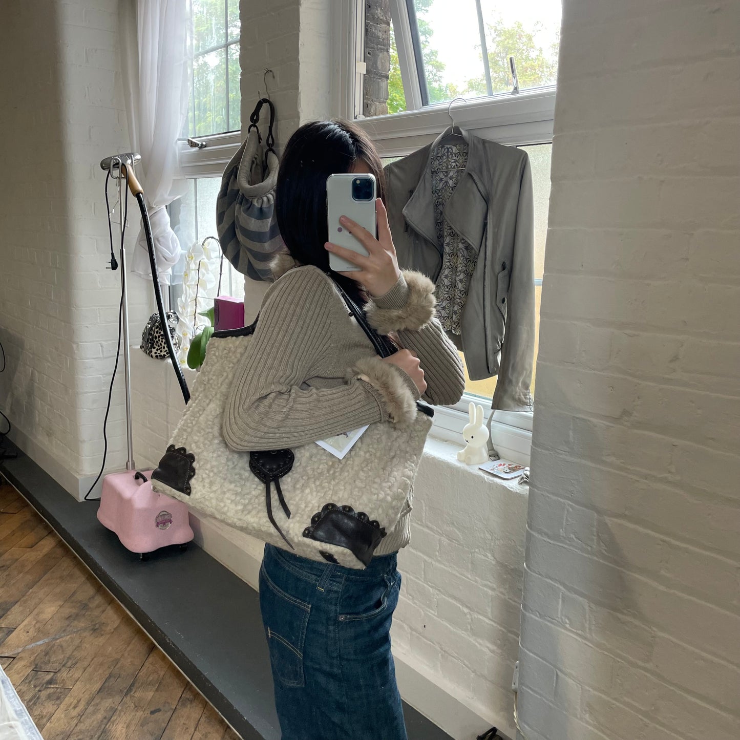 coquette boho roberto gandolfi cream mouton wool dark brown leather puff heart charm shoulder bag