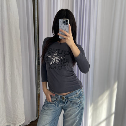 Grey Blue Guess Star Graphic 3/4 Sleeve Fitted Shirt