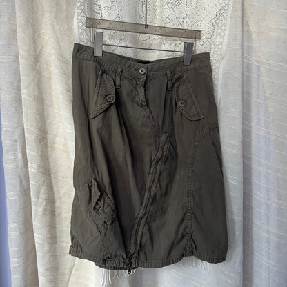 Ab/Soul Khaki Brown Asymmetric Zip Puff Hem Utility Midi Skirt