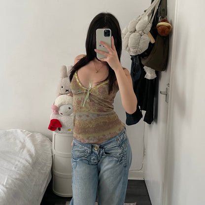 boho eurosummer vns soft green brown vintage floral print camisole