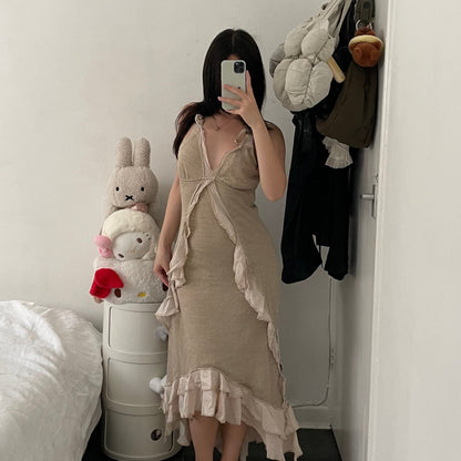 vintage zone bleue beige ivory eurosummer utility fine knit ruffle flared maxi dress