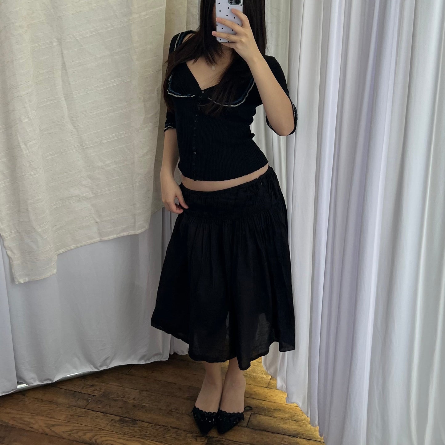 Sisley Eurosummer Ruched Black Cotton Midi Skirt