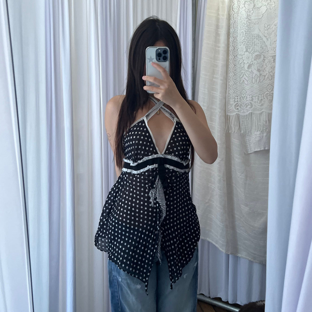Xanaka Black White Polka Dot Ruffle Silk Blend Camisole