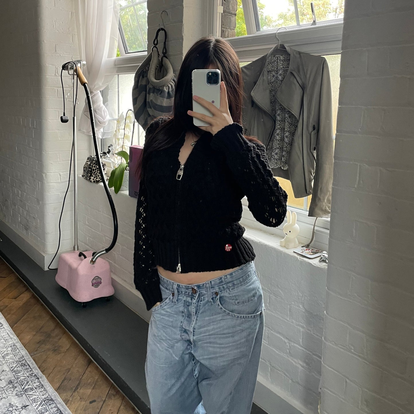 Miss Sixty黑色钩针重针织拉链开衫外套