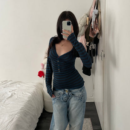 miss sixty grunge sleaze striped teal black v neck ruched mix button fitted long sleeve top
